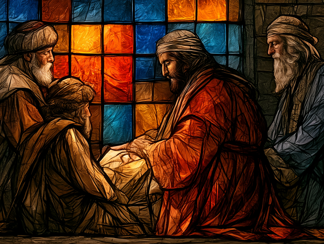 Three wise men presenting gifts in a stained-glass style scene